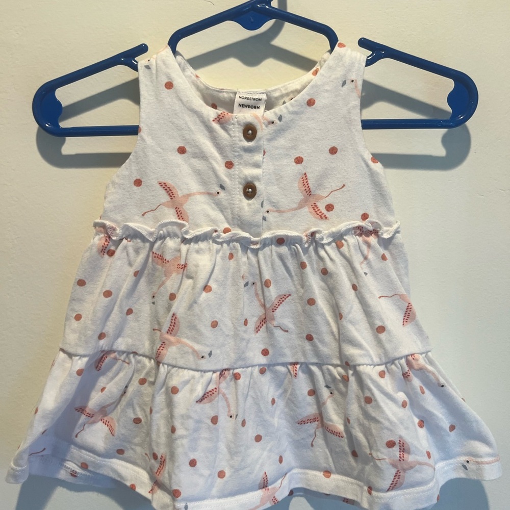 Nordstrom White and Pink Flamingo Baby Dress and Bloomers Size Newborn